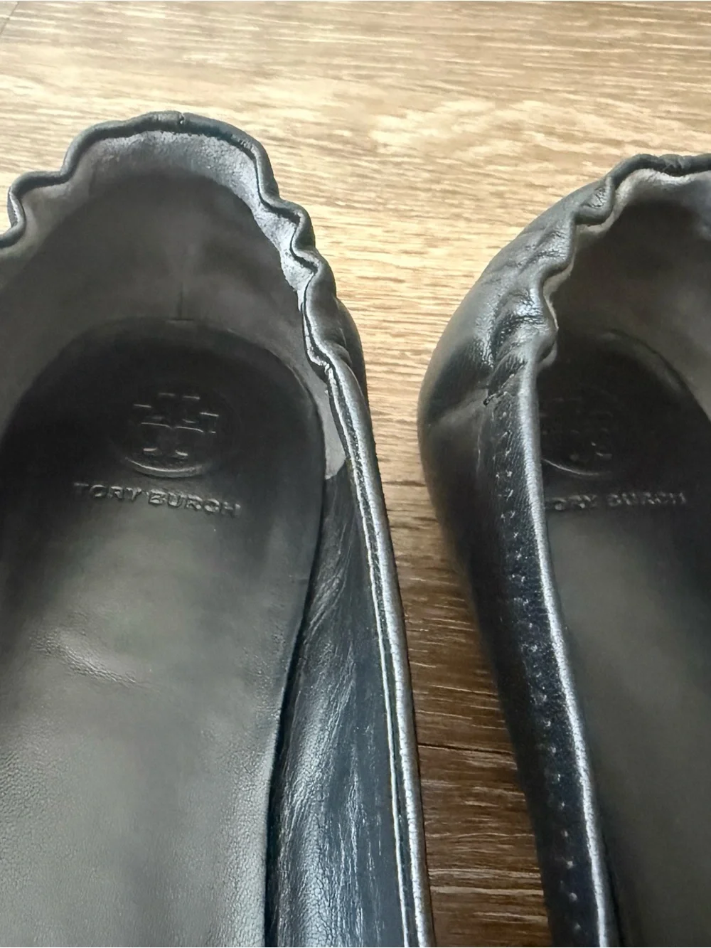 Tory Burch Black Leather Logo Ballet Flats with Gold Emblem